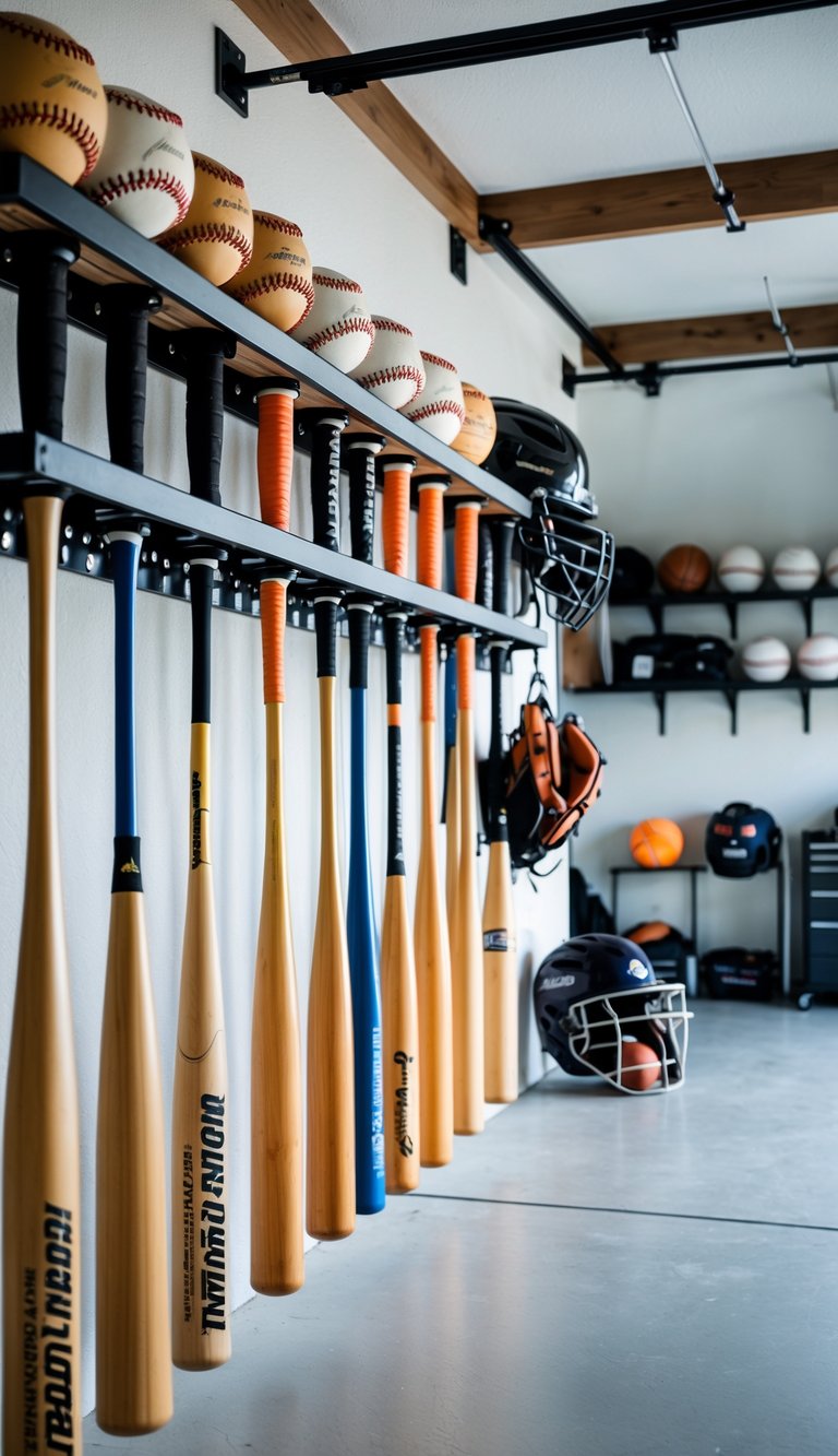 A garage with mounted baseball bat racks holding several bats and other neatly organized sports equipment on shelves and hooks.