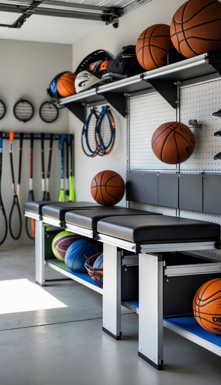 A clean and organized garage with fold-down benches that have built-in storage holding various sports equipment like balls and helmets.