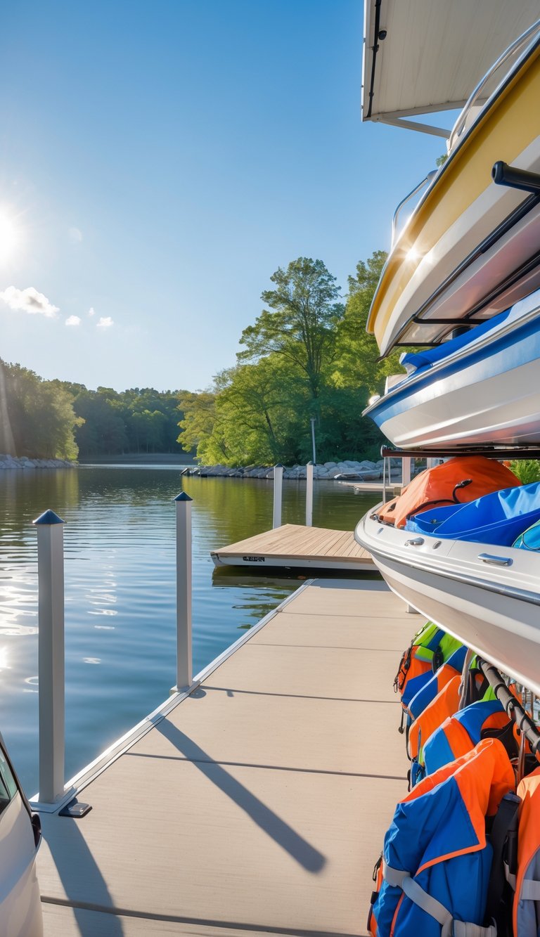 An organized boat storage area by a lakeside dock with boats on racks and safety equipment neatly stored nearby.