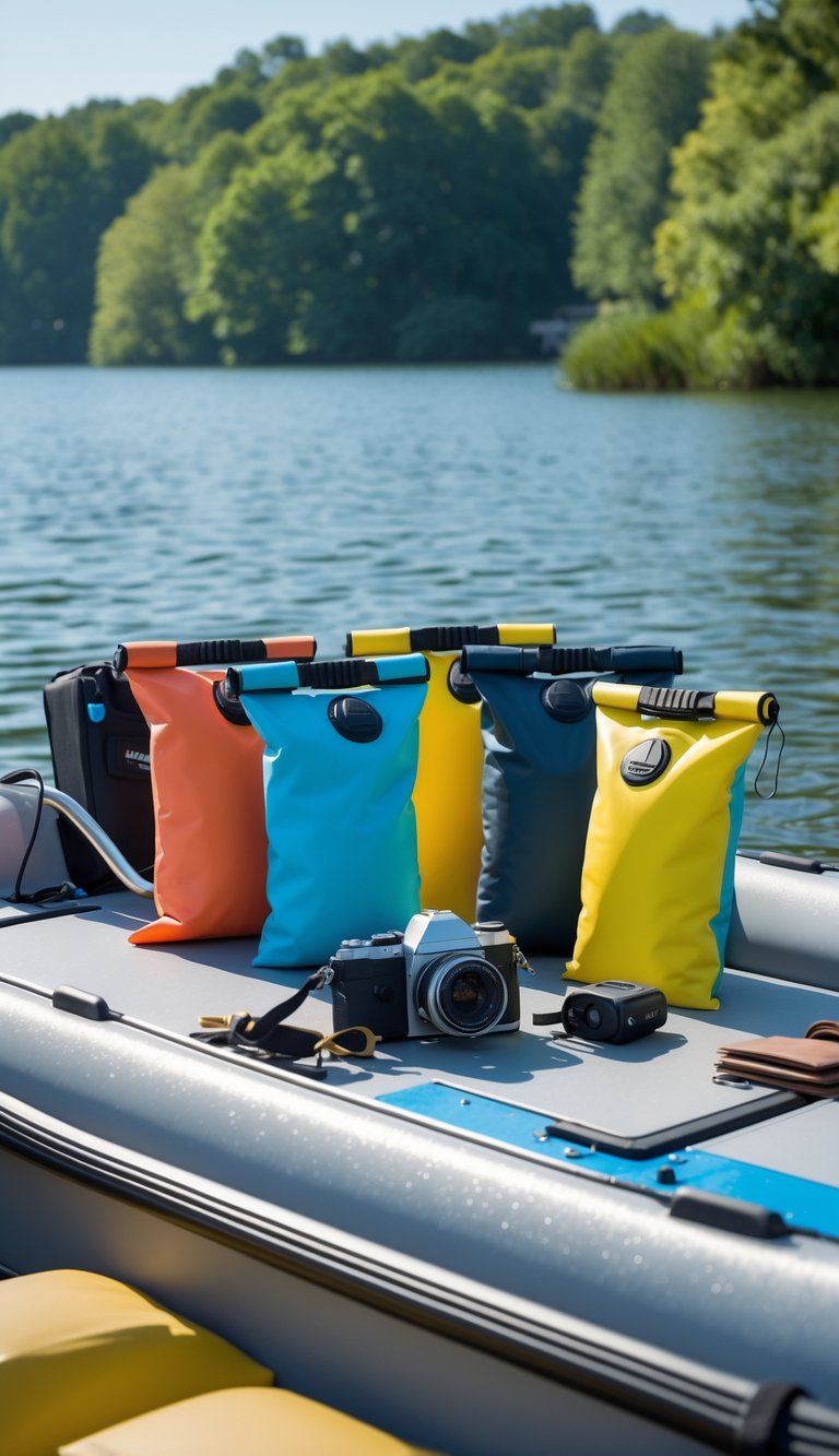A family on a boat with waterproof dry bags protecting electronics and valuables, surrounded by water and greenery.