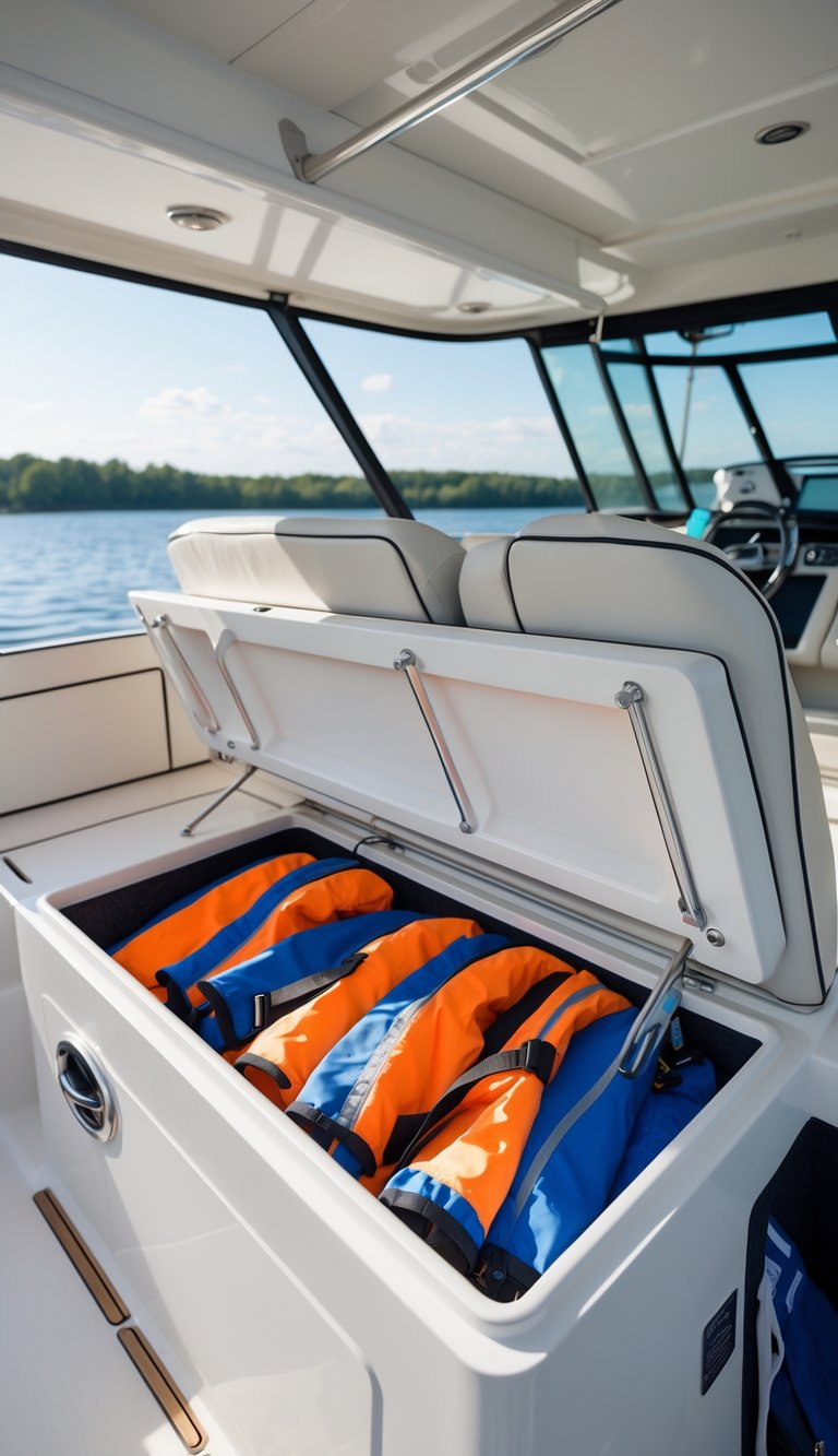 Under-seat storage compartments on a family boat open to reveal neatly stored life jackets inside.