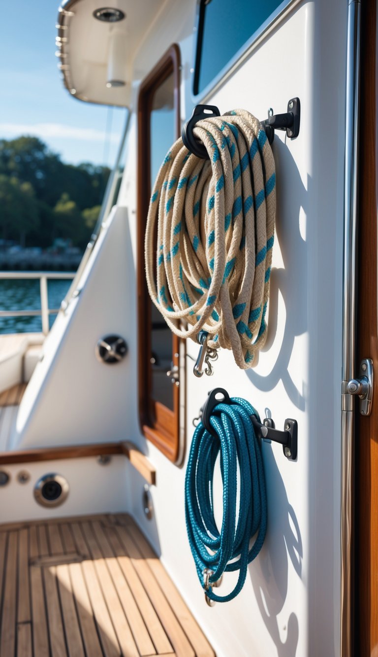 Neatly coiled ropes secured on wall-mounted organizers on a clean boat deck to prevent tripping hazards.
