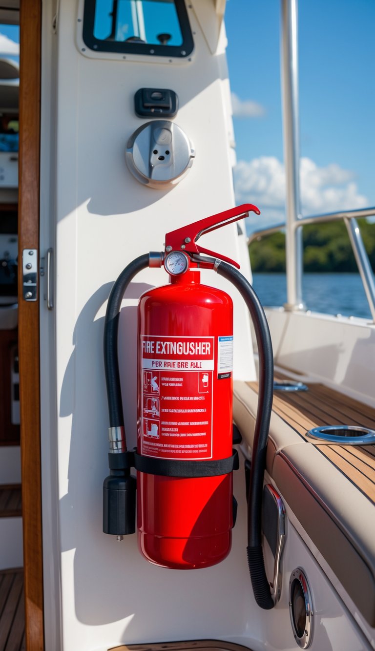 Red fire extinguisher mounted on a wall inside a family boat, placed in an accessible location near storage compartments.