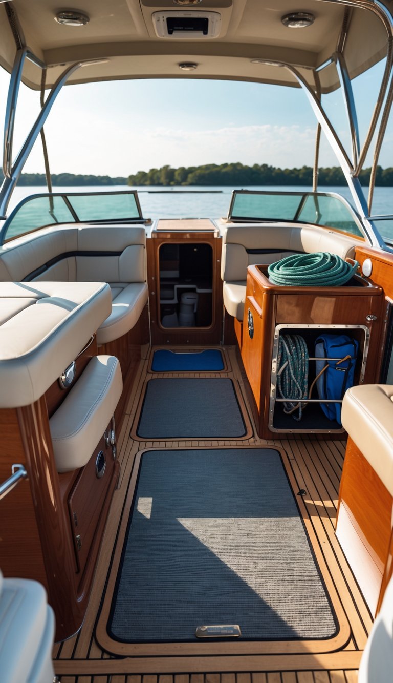 Boat deck with non-slip mats in walkways and neatly stored boating equipment, with calm water in the background.