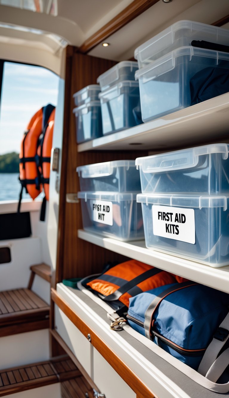 Clear storage bins containing first aid supplies neatly organized inside a boat's storage area with life jackets and safety equipment.