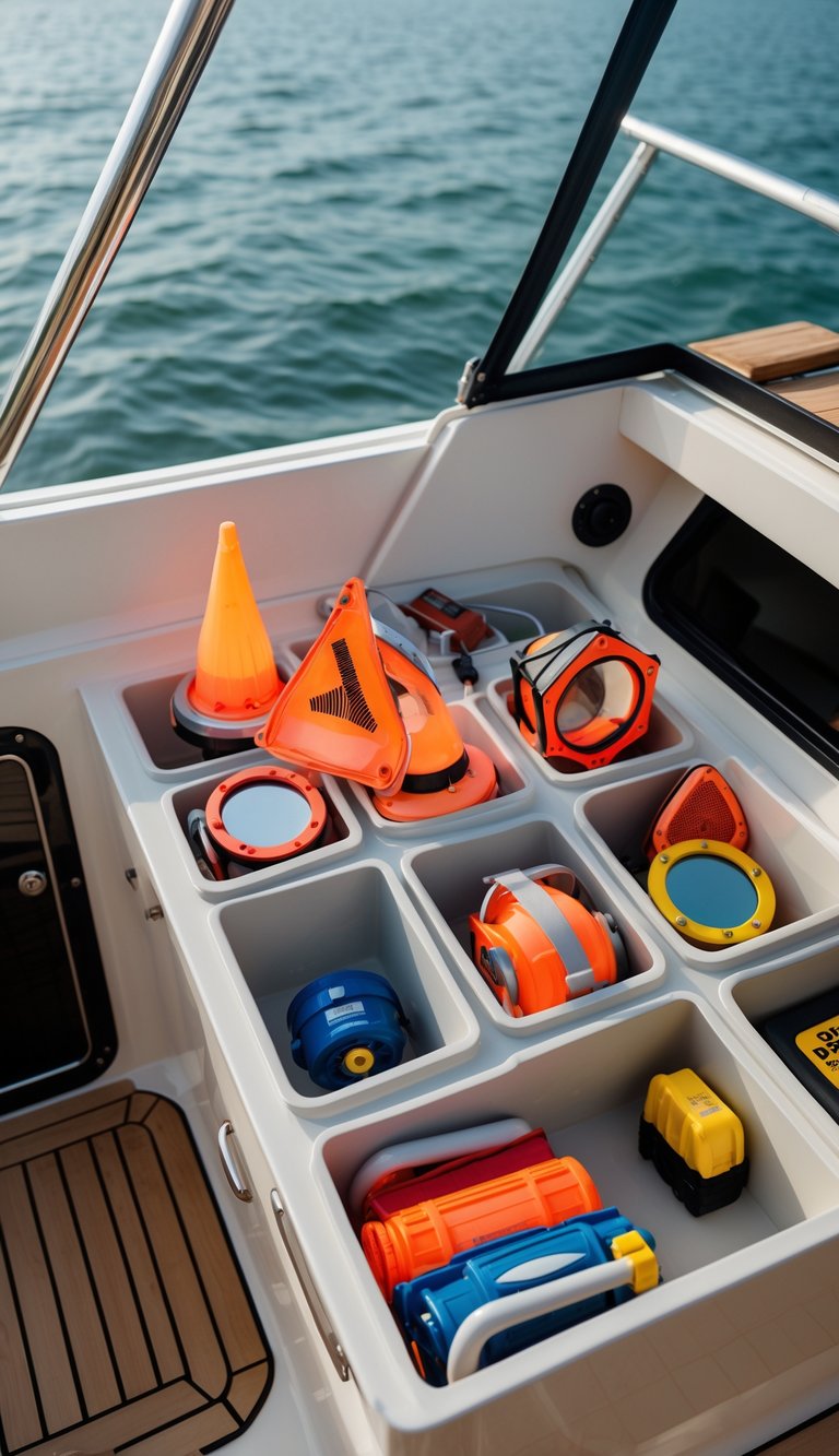 A boat storage area with neatly organized emergency flares and signaling devices in designated compartments.