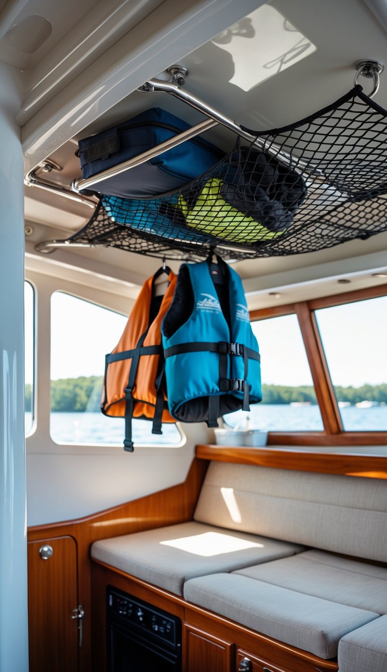 Interior of a family boat with overhead storage nets holding lightweight gear like life jackets and bags.