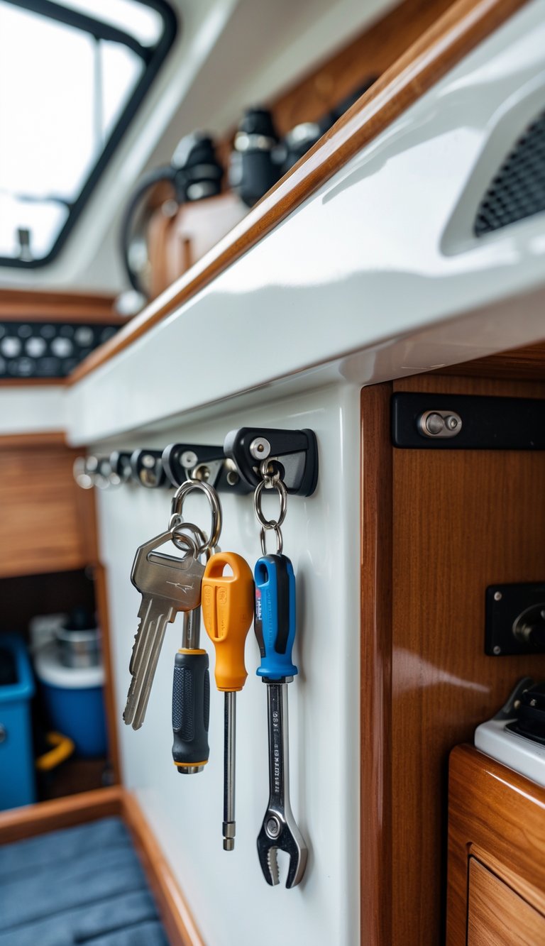 Close-up of magnetic hooks holding keys and small tools inside a family boat's storage area.