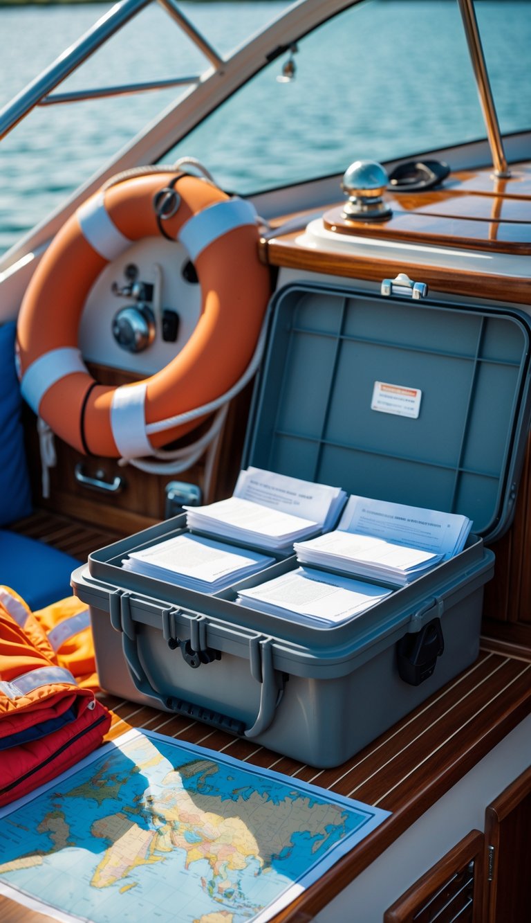 A waterproof storage box for important documents placed on a boat's surface with boating equipment and water visible in the background.
