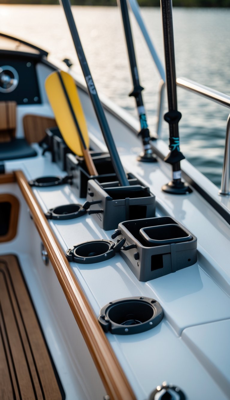 Close-up of paddle holders attached inside a boat securing oars neatly along the side.
