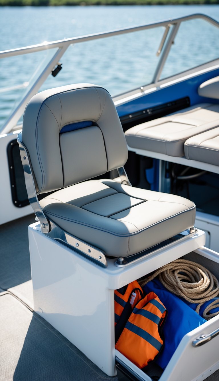 Boat interior with foldable waterproof seats revealing storage compartments holding boating gear.