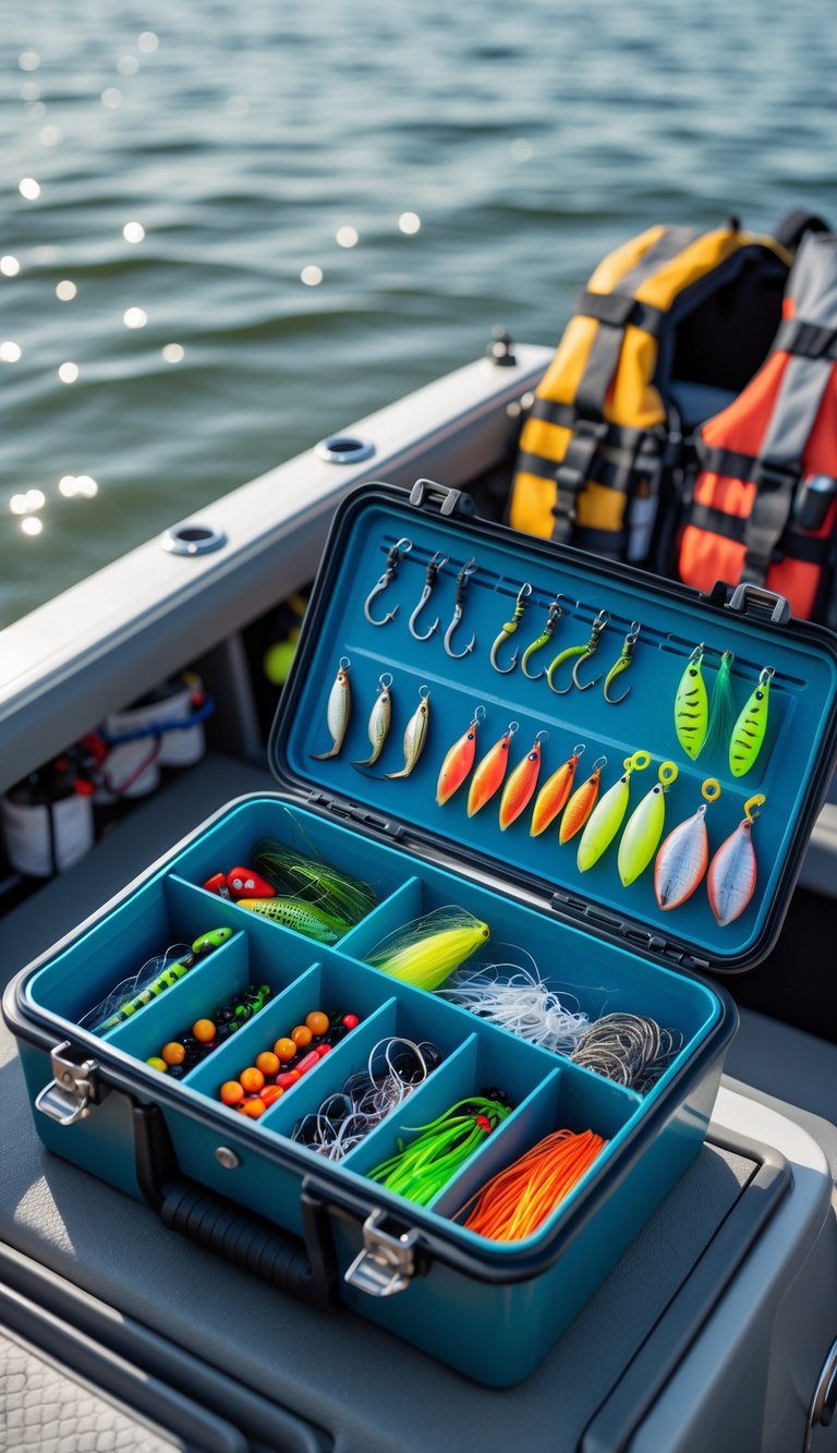 An open tackle box with organized fishing gear on a boat deck near a calm lake, with family boating equipment in the background.