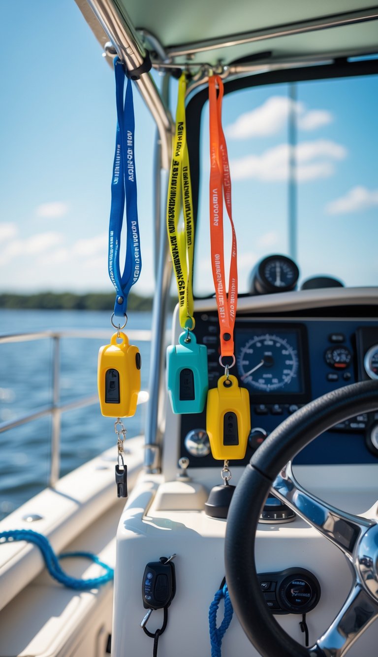 Close-up of a boat's helm with emergency whistles on lanyards stored nearby and boating equipment visible.