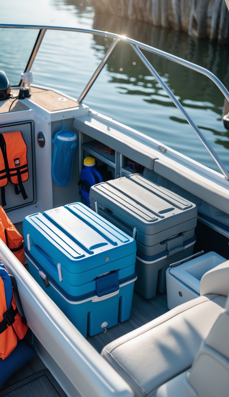 Interior of a family boat showing collapsible coolers neatly stored in a compact space with boating equipment around.