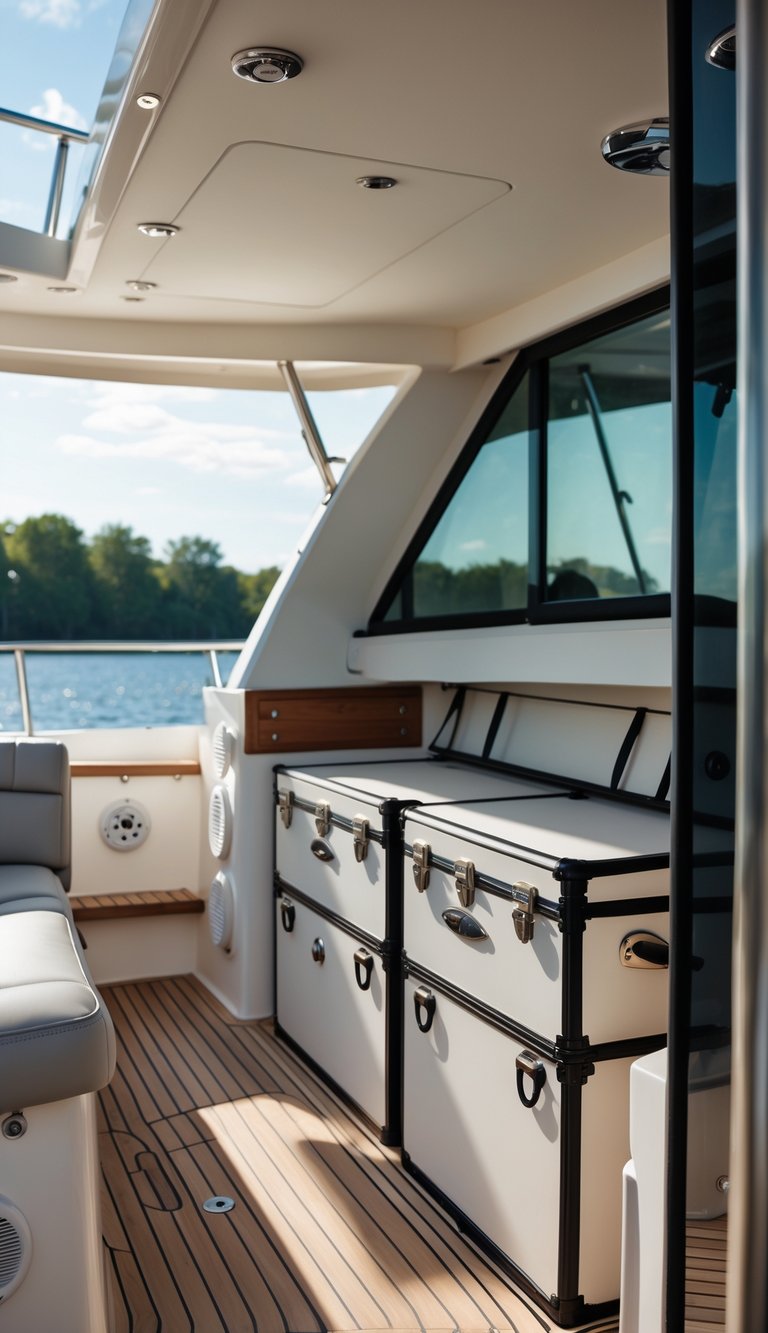 Interior of a boat showing lockable storage trunks for valuables integrated into the seating area with daylight coming through windows.