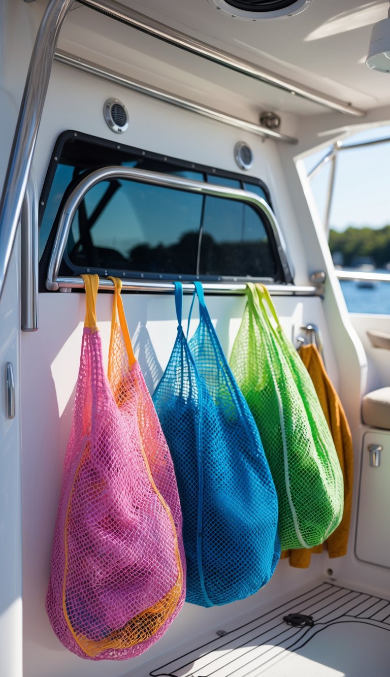 A family boat interior showing colorful mesh bags used to store wet clothing and towels neatly.