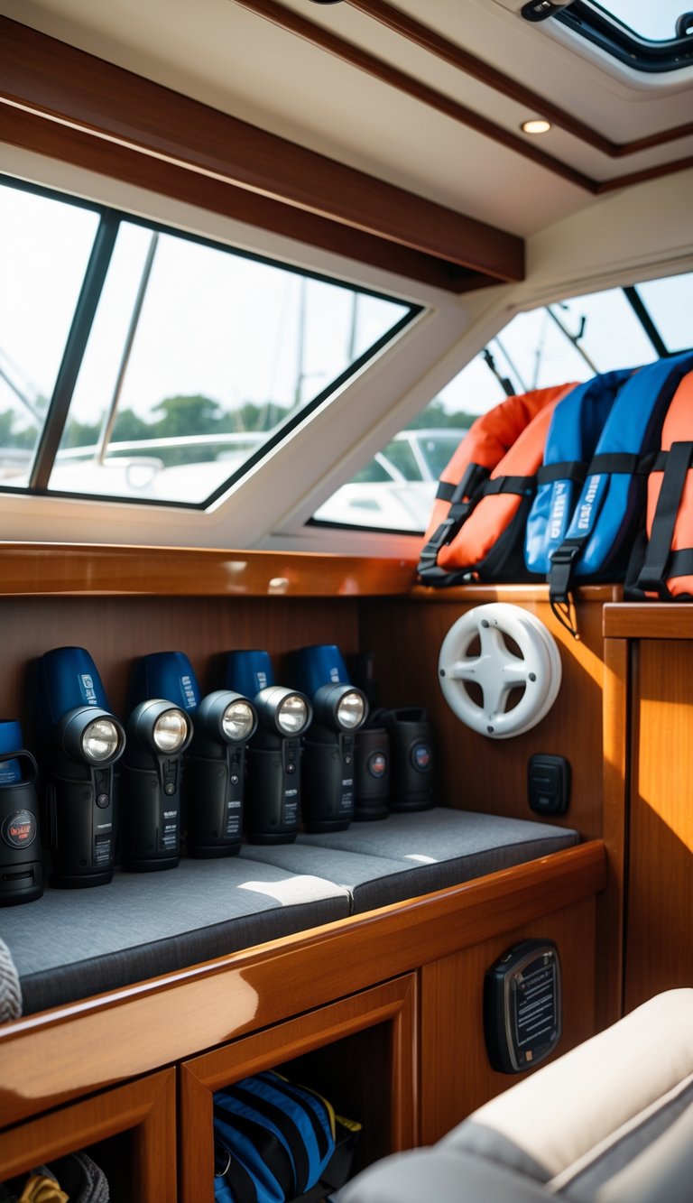 Storage compartment on a boat with LED flashlights neatly arranged in reachable holders alongside boating safety equipment.
