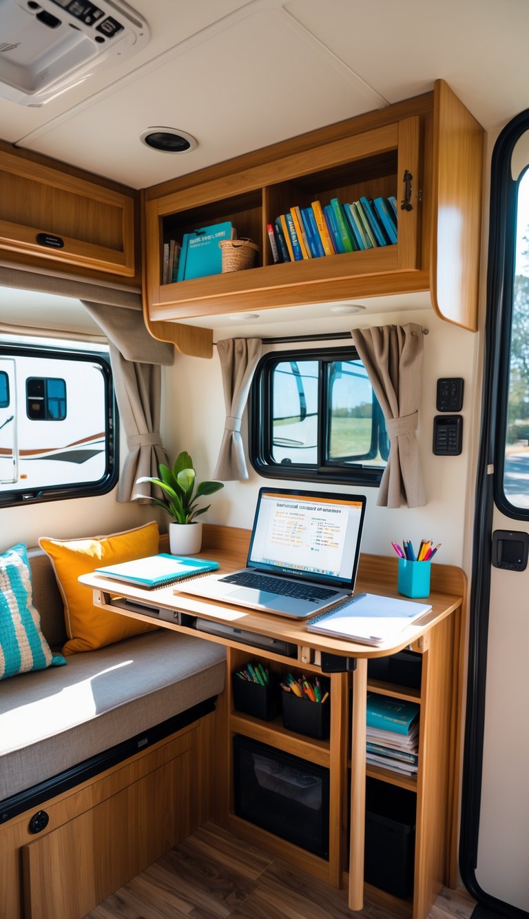 A neat homework station inside an RV with a desk, laptop, school supplies, seating, and storage cabinets.