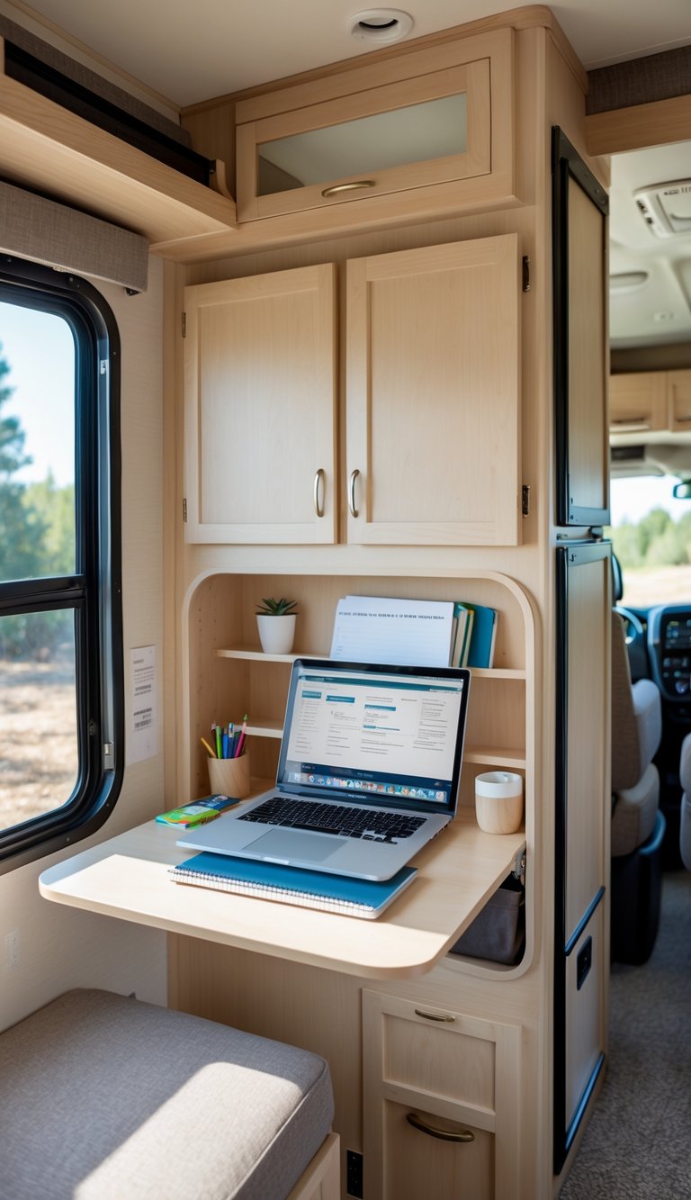 Interior of an RV showing a fold-down wall desk set up as a homework station with a laptop and notebooks.