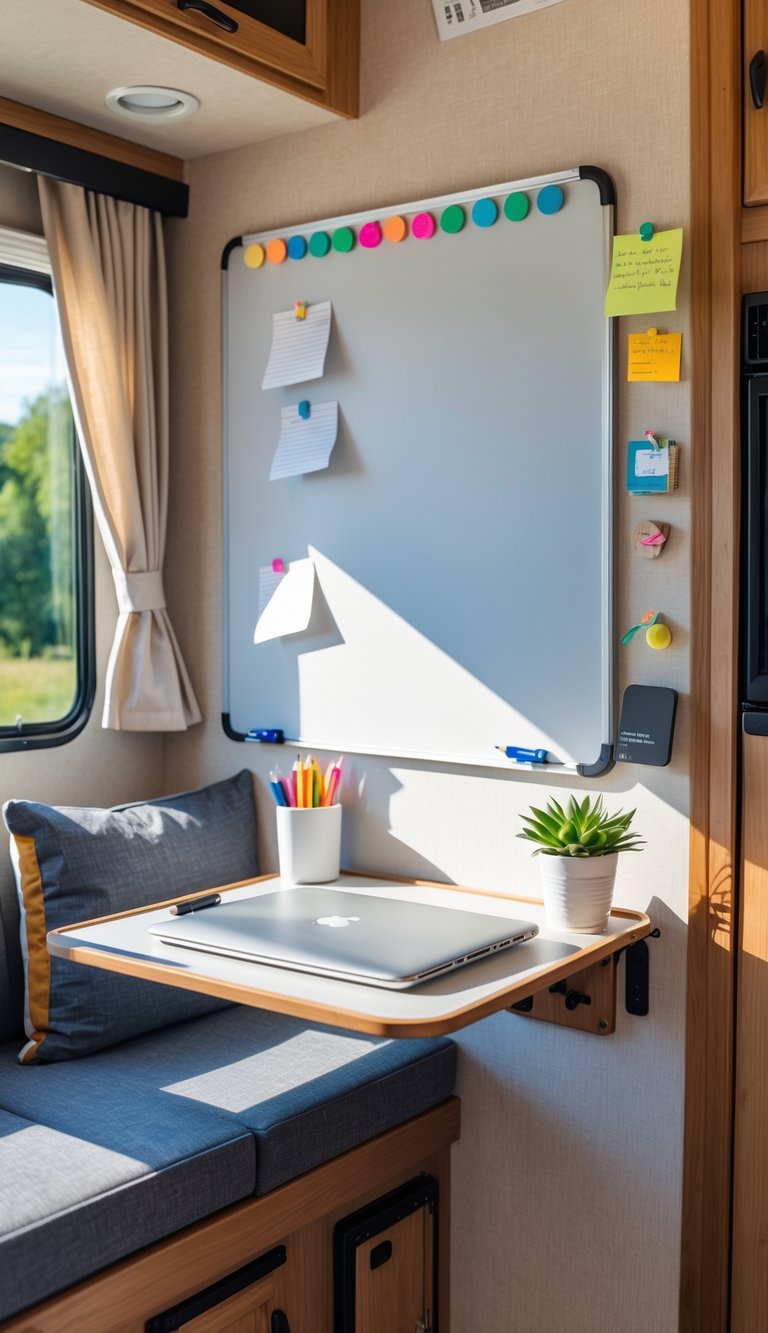 An RV interior with a homework station featuring a magnetic whiteboard, a foldable table, and study supplies near a window.