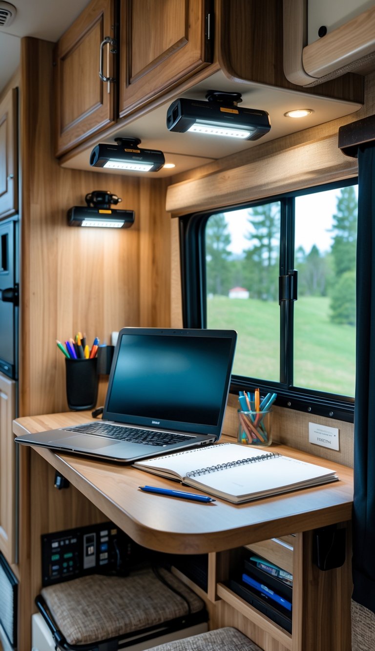 A small homework station inside an RV with a desk, laptop, notebooks, and clip-on LED lights illuminating the workspace.