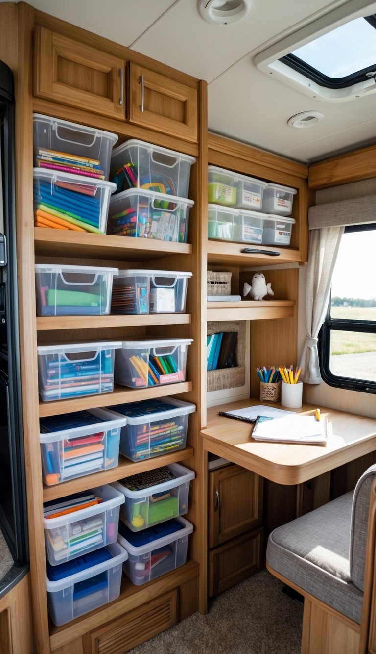 An organized homework station inside an RV with clear storage bins holding school supplies on shelves next to a small desk and seating area.