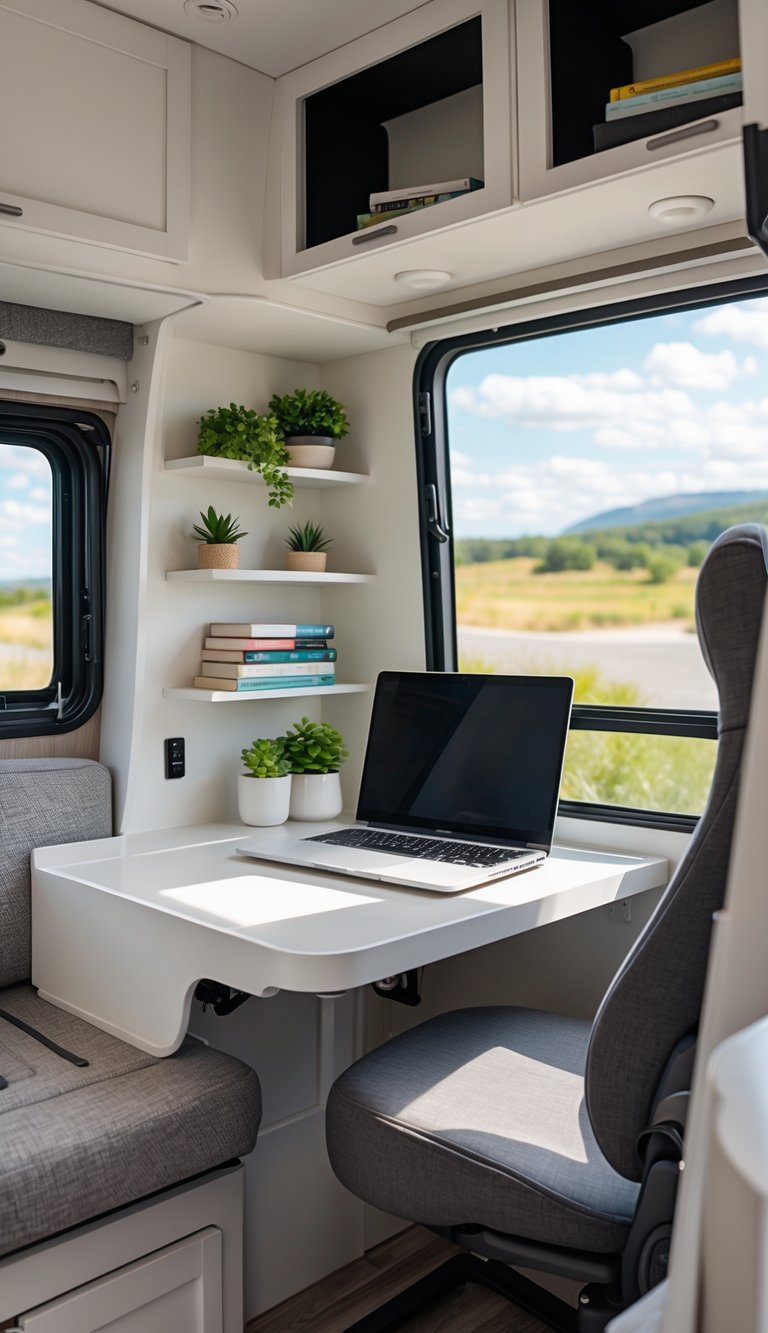 A small workspace inside an RV with a laptop on a desk, a chair, shelves with books and plants, and a window showing an outdoor view.