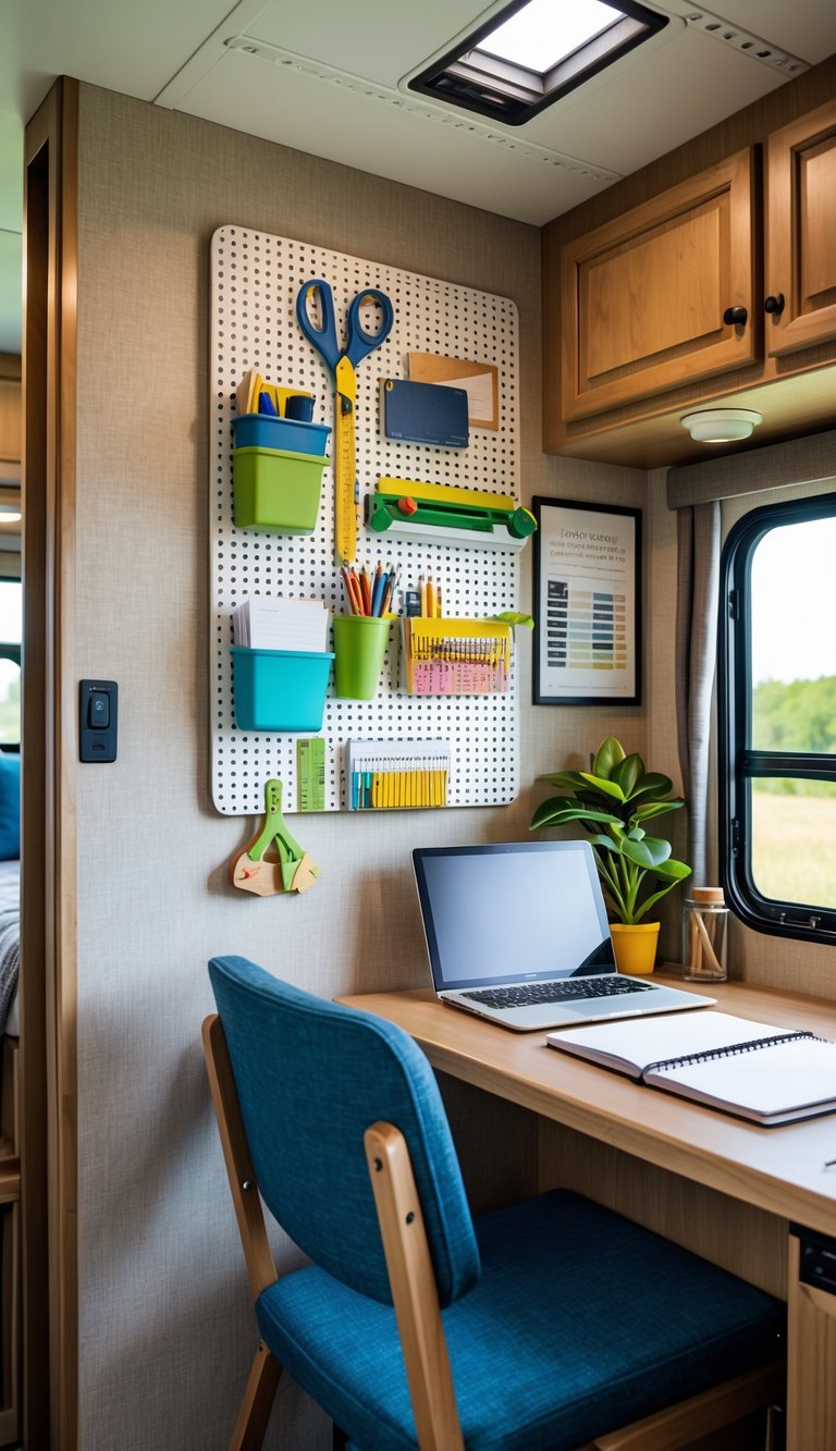 A compact homework station inside an RV with a pegboard holding school supplies and a clean desk with notebooks and a laptop.