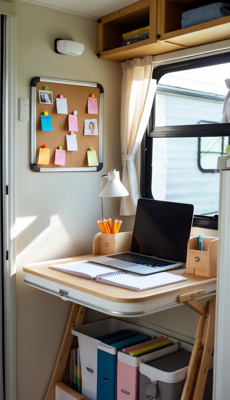An RV interior showing a small corkboard with notes above a compact homework desk with a laptop and supplies.