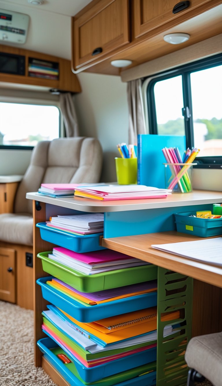 An organized homework station inside an RV with stackable trays holding papers and school supplies on a compact desk.