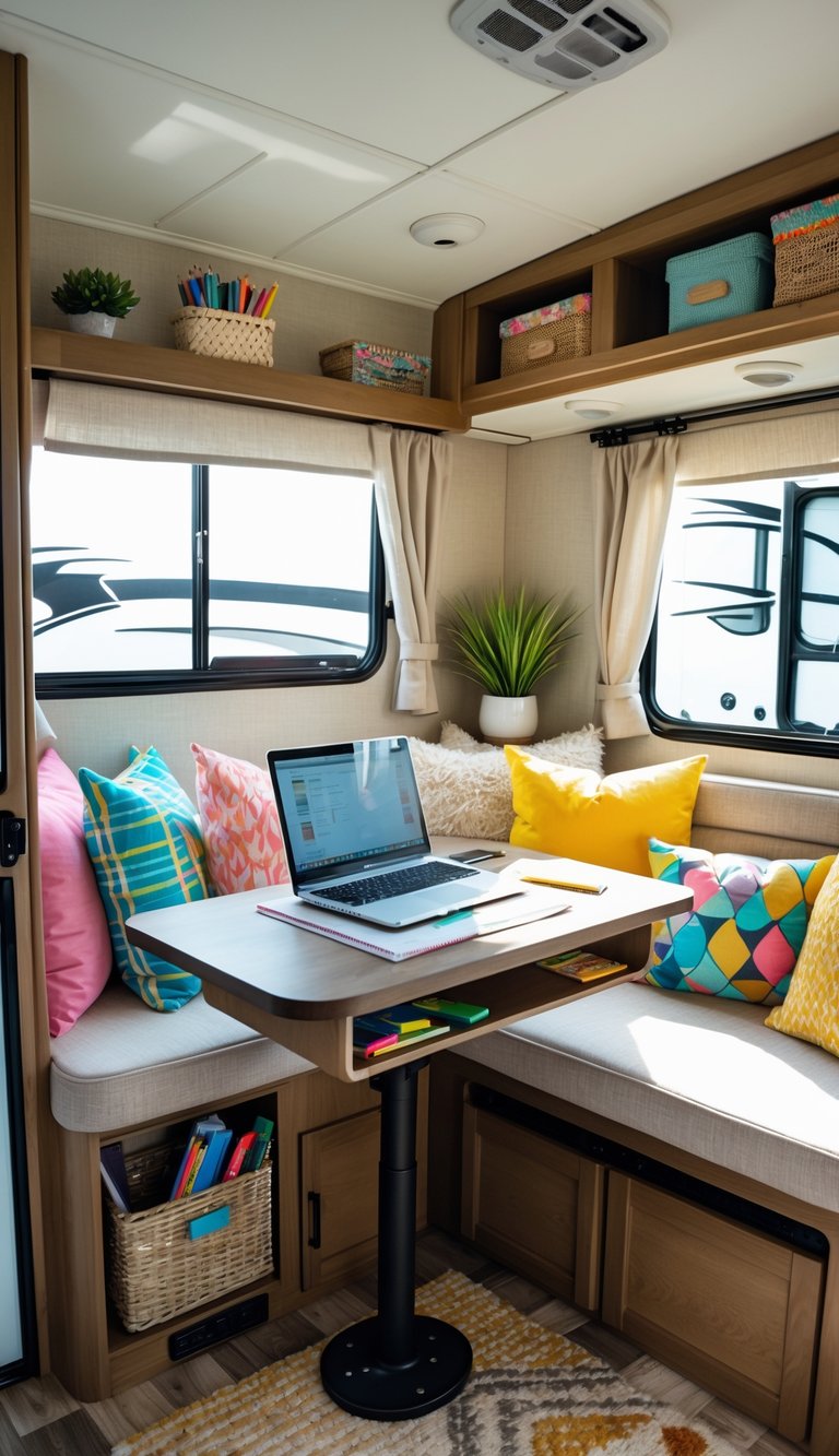 An RV interior with a homework station including a desk, laptop, school supplies, and a bench with colorful cushions.