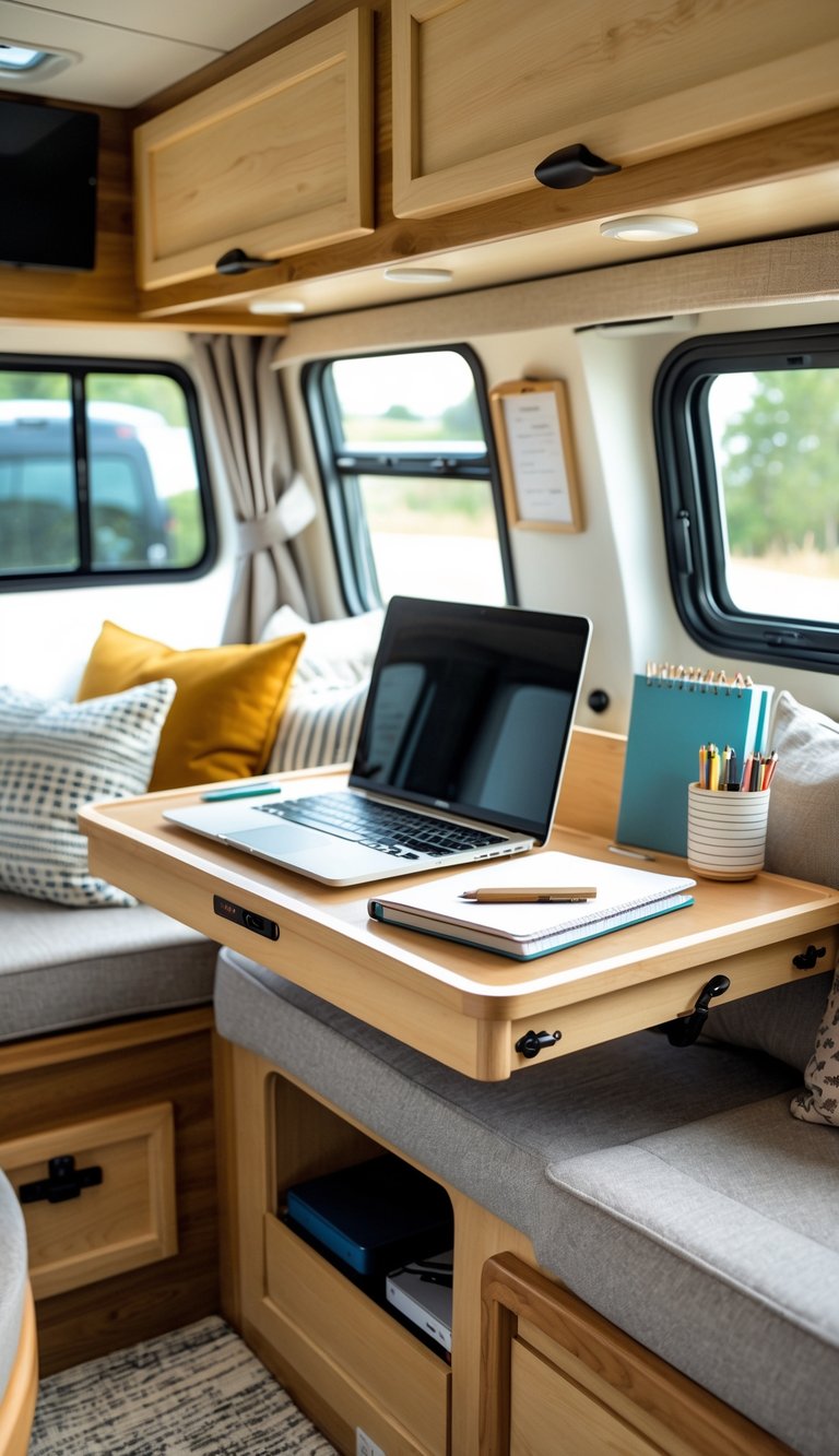 Interior of an RV with a compact homework station featuring multi-use furniture with hidden storage compartments.