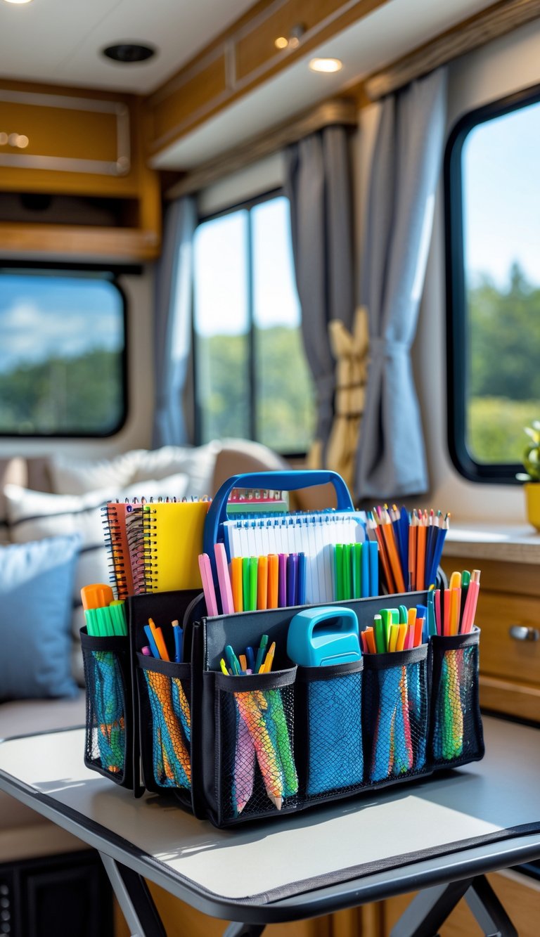 A portable supply caddy filled with school supplies sits on a small table inside an RV with seats and storage cabinets in the background.