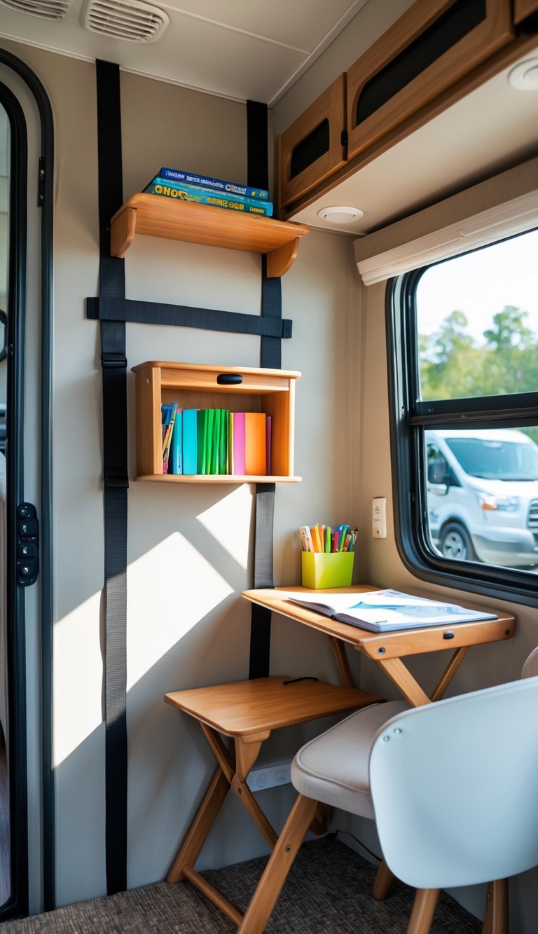 Interior of an RV showing a small bookshelf with straps next to a tidy homework station with a desk and chair.