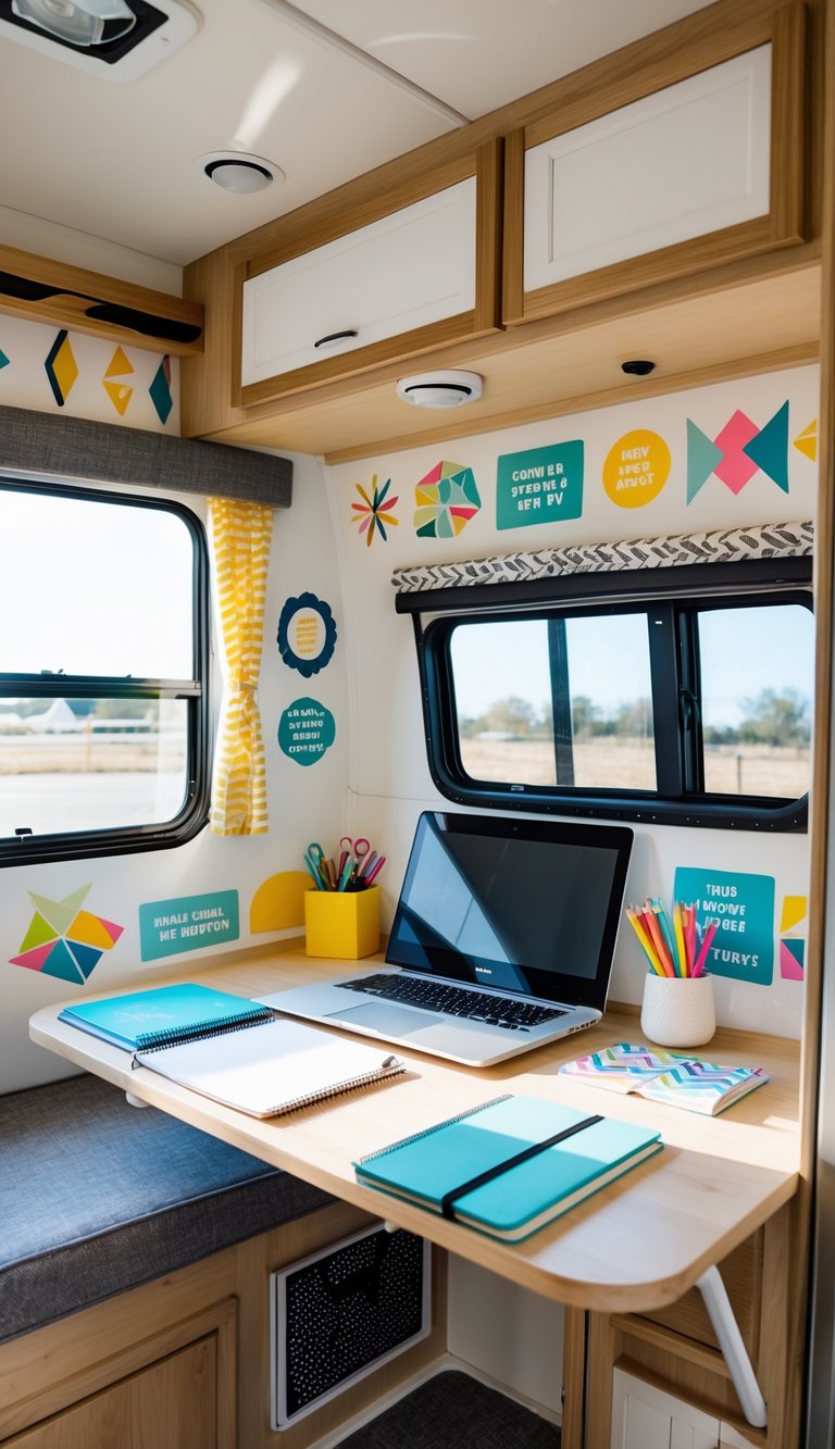 A homework station inside an RV with a desk, laptop, stationery, and colorful wall decals on the walls.