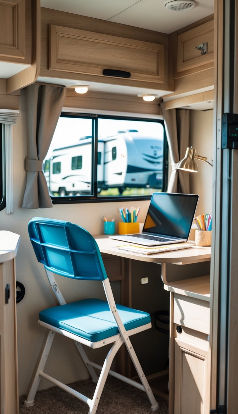 An organized RV interior with a foldable chair at a small desk set up as a homework station.
