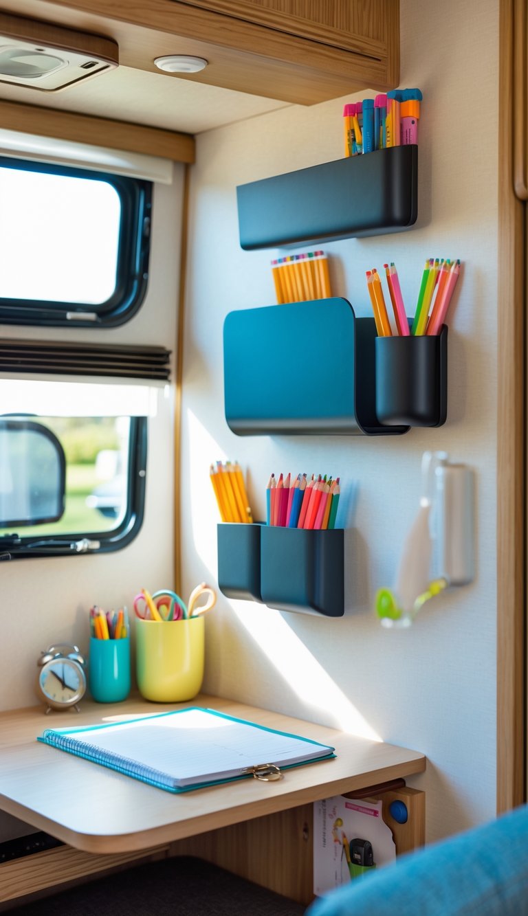 A small homework station inside an RV with wall-mounted pencil holders and organized school supplies on a compact desk.