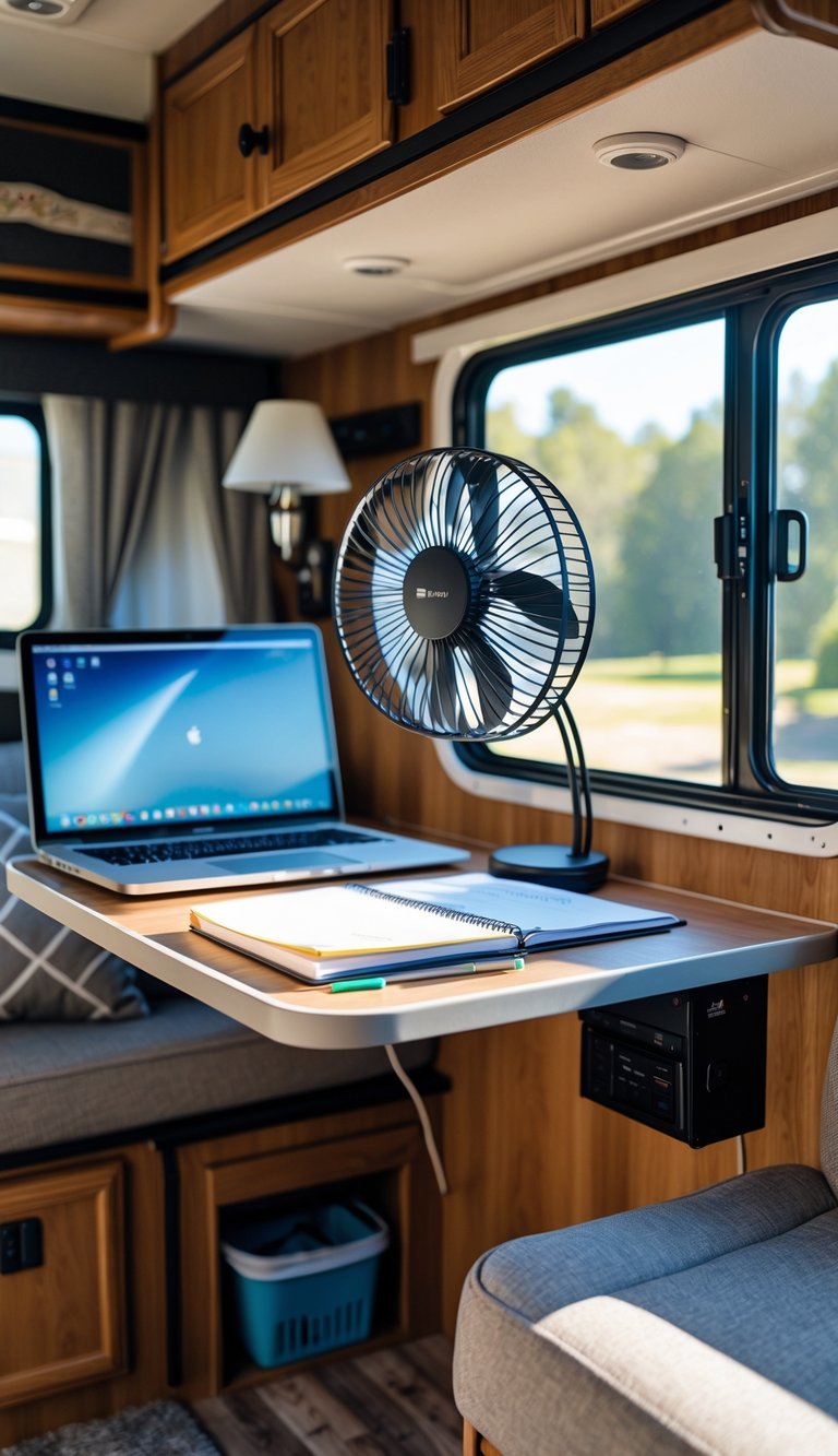 An RV interior homework station with a desk, laptop, school supplies, and a small clip-on fan attached to the desk.