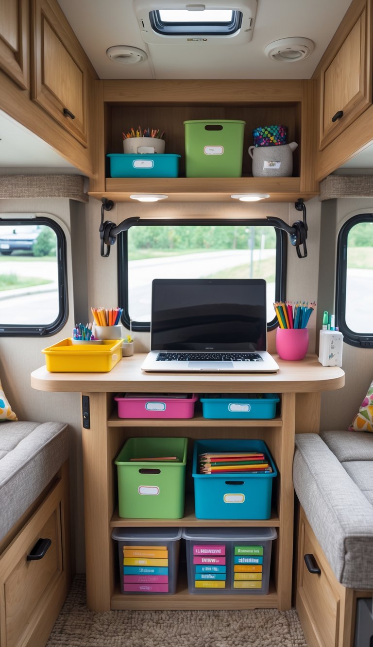 An organized homework station inside an RV with a desk, school supplies, and labeled storage bins.