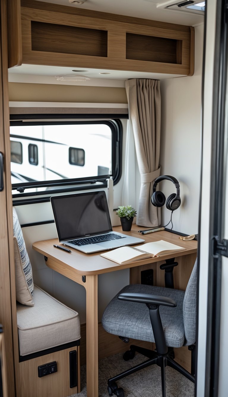 A quiet homework station inside an RV with a desk, laptop, and noise-cancelling headphones.