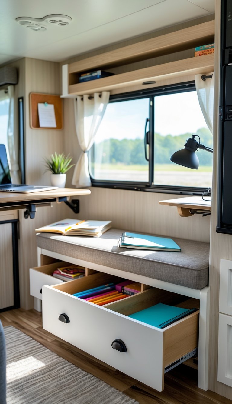 Interior of an RV showing a homework station with a bench that has pull-out drawers underneath, a small desk with a laptop, and school supplies neatly organized.