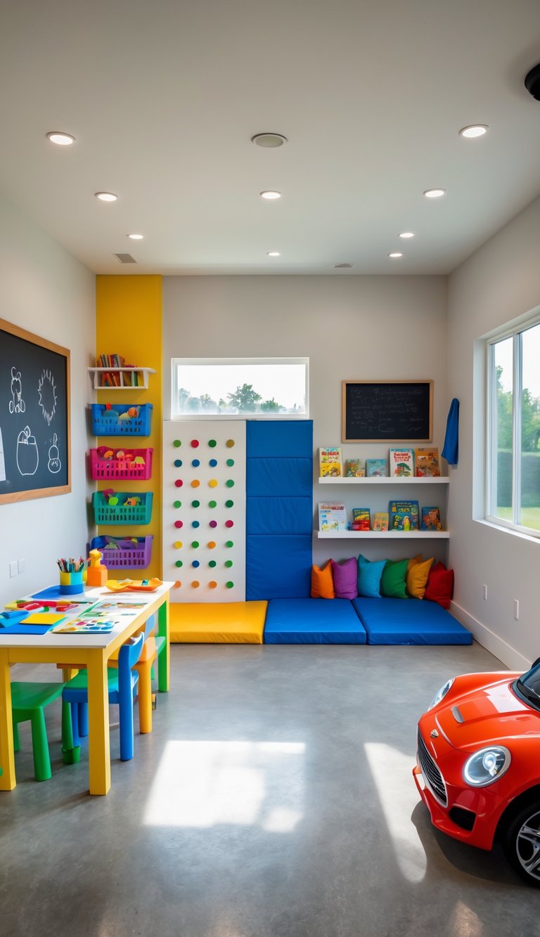 A garage set up with various kid-friendly activity stations including a craft table, climbing wall, play kitchen, reading nook, and toys.