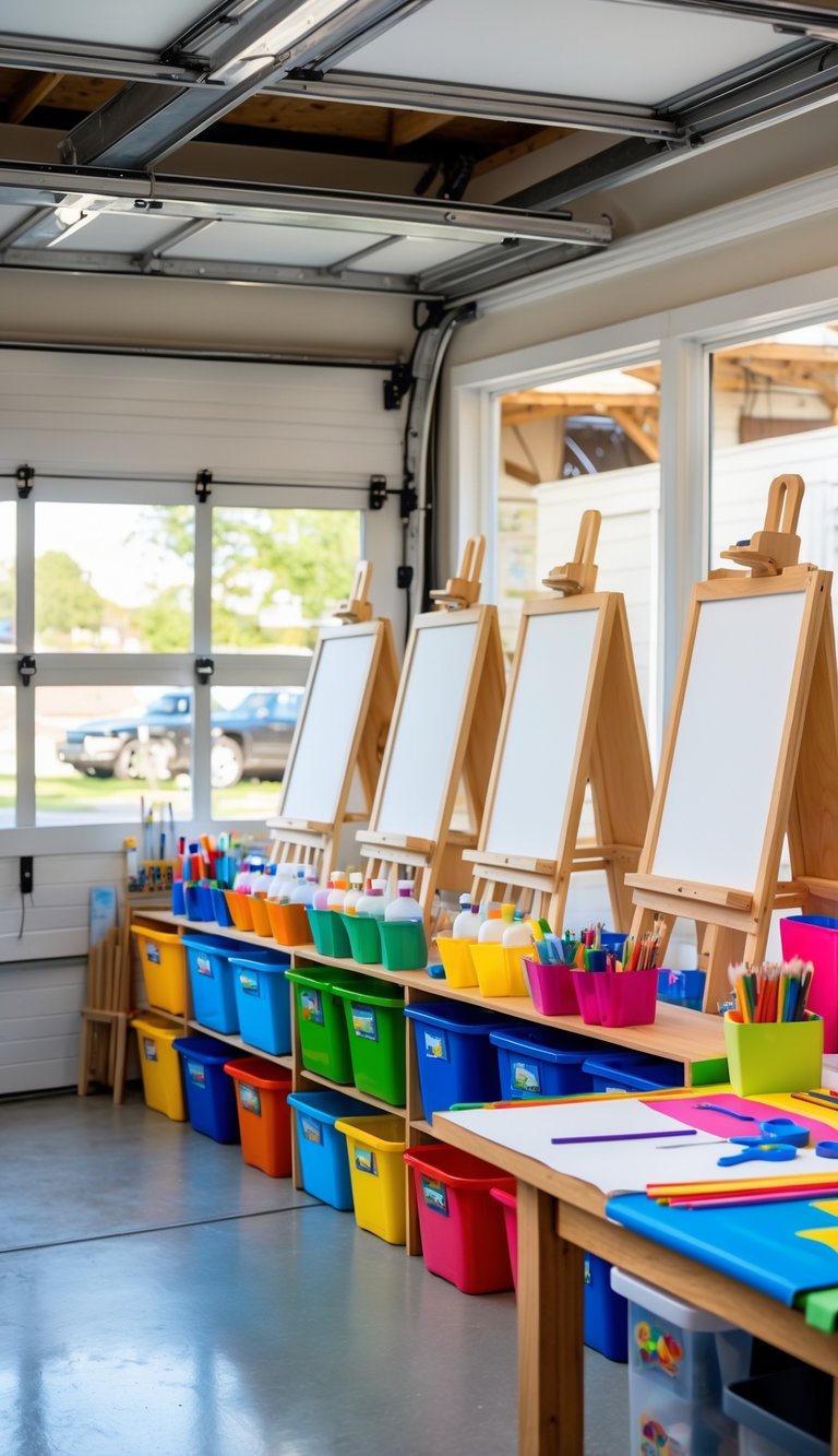 A garage arts and crafts corner with easels, colorful storage bins filled with art supplies, and a work table set up for children’s creative activities.