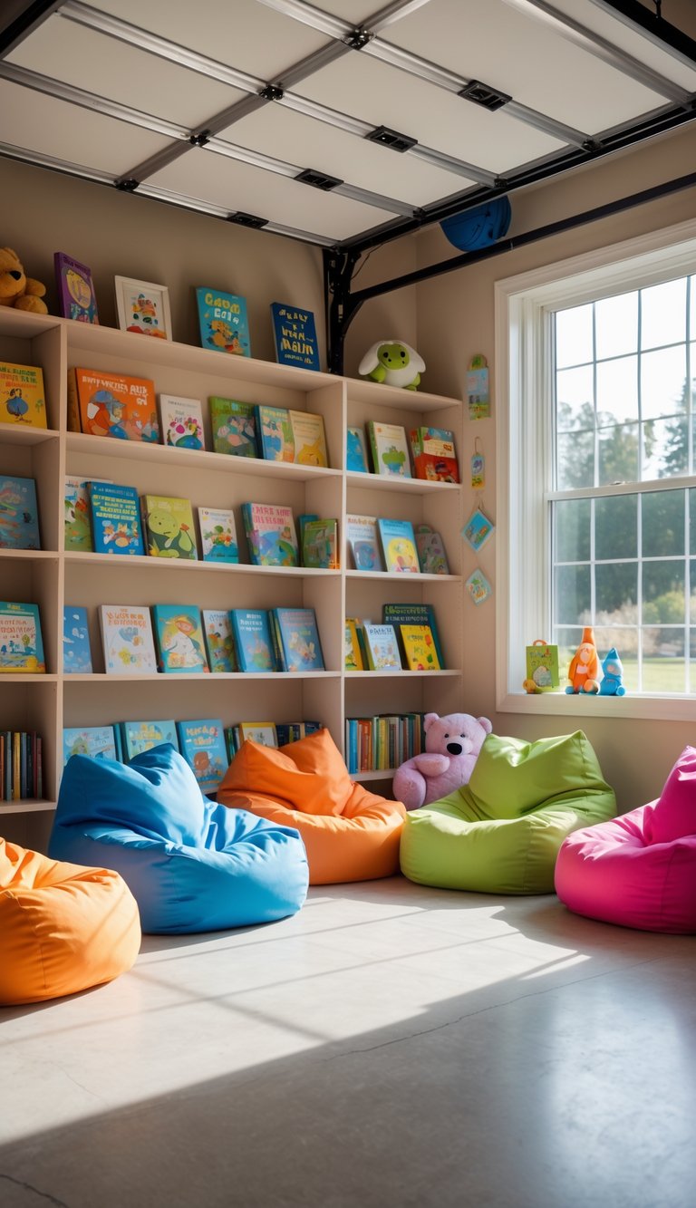 Children's reading nook in a garage with colorful bean bags and shelves filled with children's books.