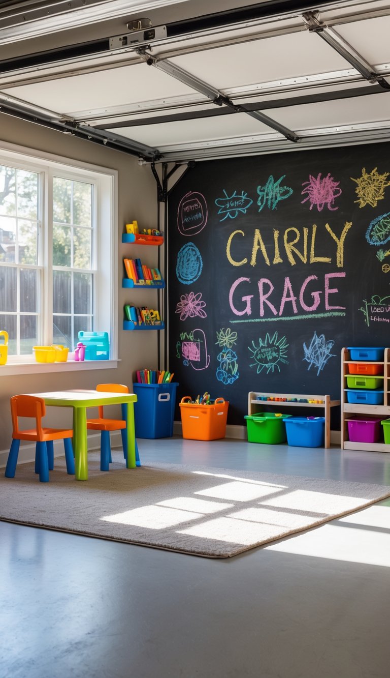 A garage area set up for children with a large chalkboard wall covered in colorful drawings, small tables and chairs, and shelves with art supplies.