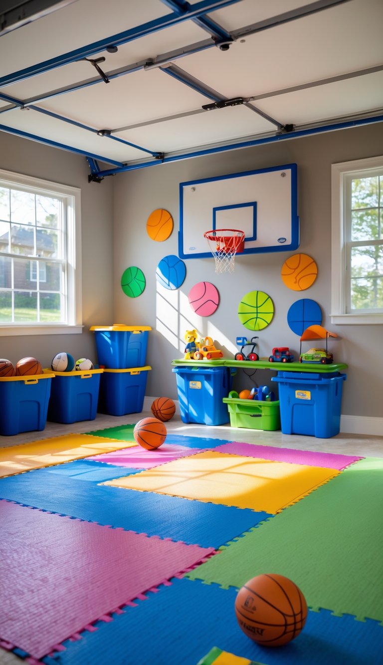 A garage area set up for kids with a mini basketball hoop, colorful mats, and toys arranged neatly.