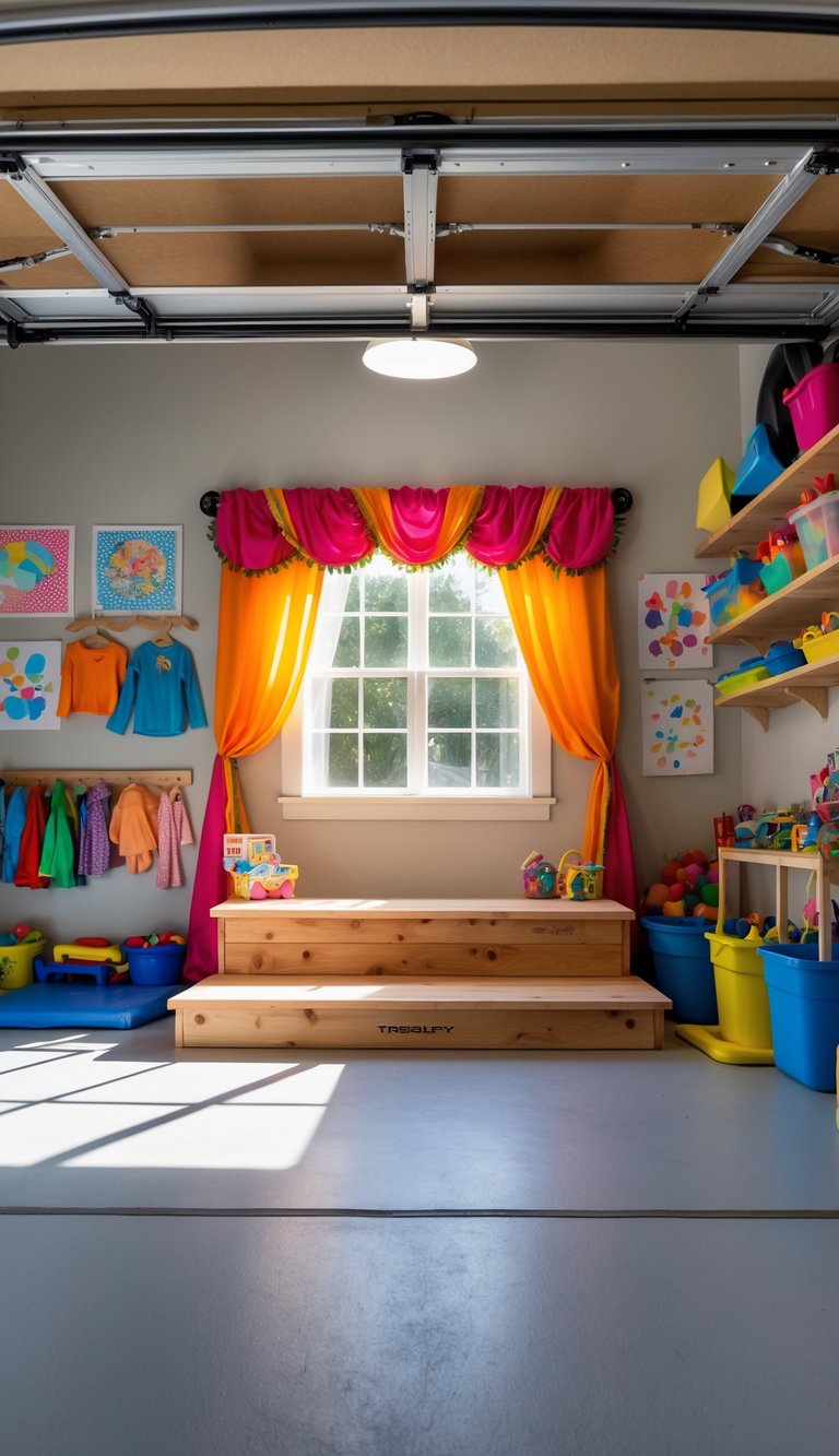 A small wooden stage with colorful curtains in a garage set up for kids to dress up and perform, surrounded by costumes, props, and toys.
