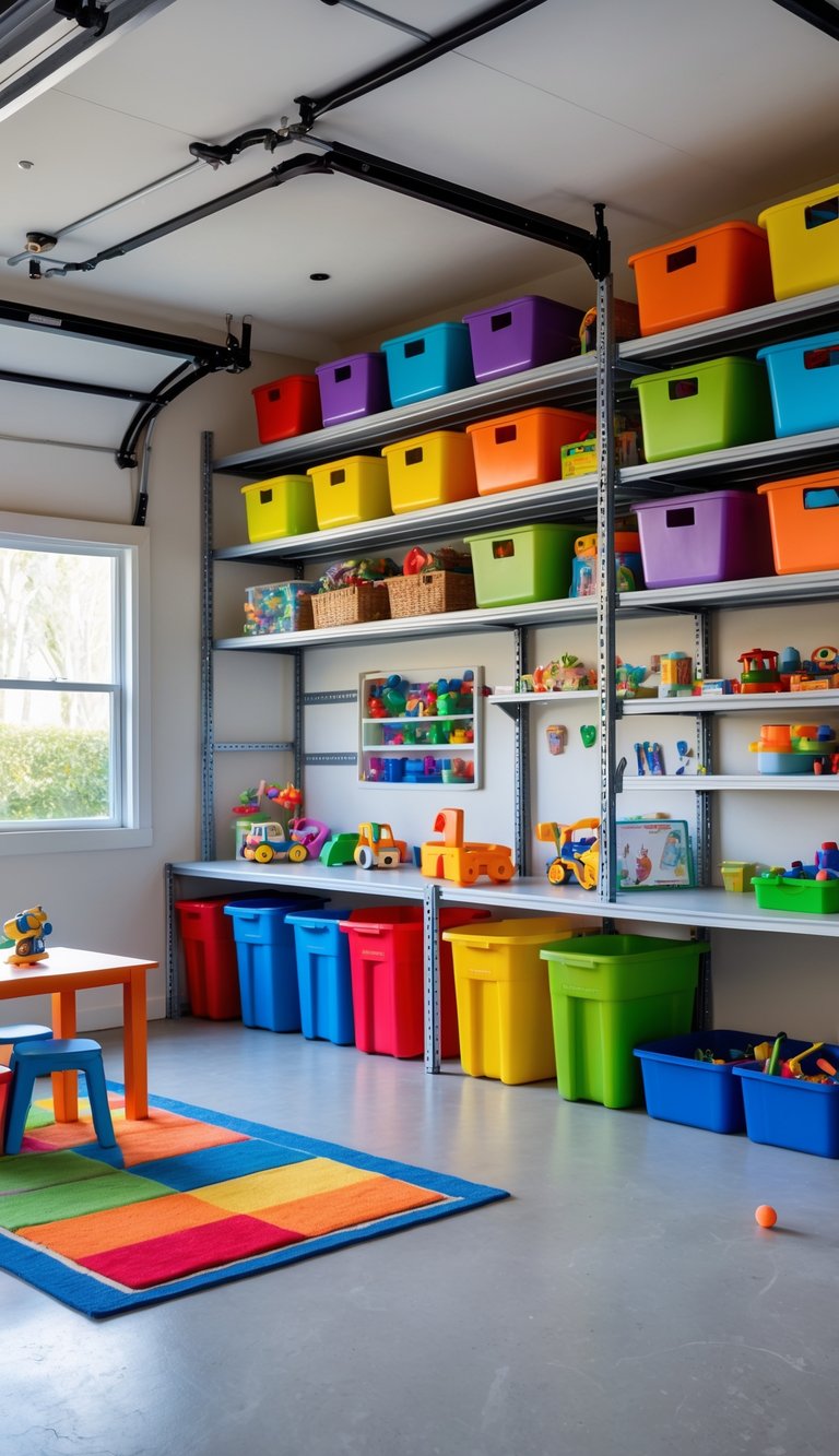 A clean and organized garage space with colorful storage bins holding toys and a small play area with a table and chairs.