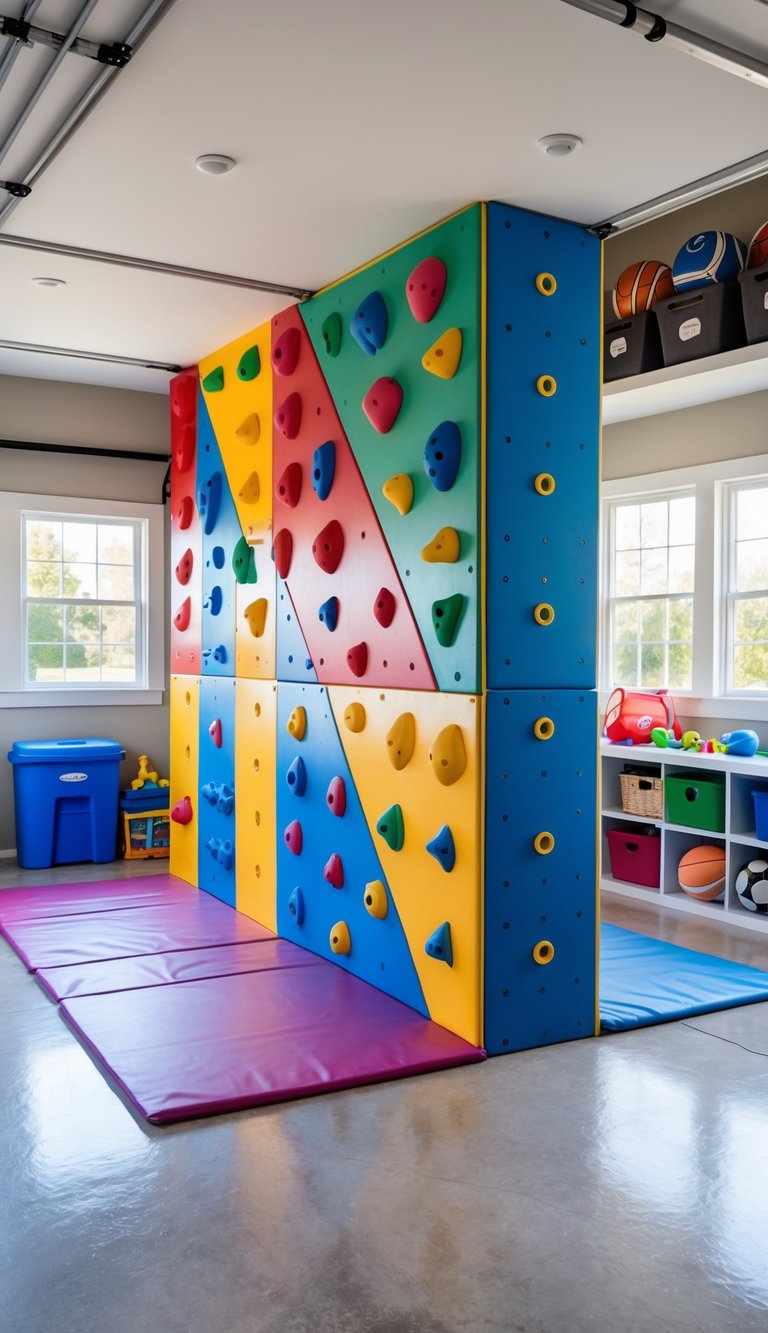 A garage with a colorful climbing wall and soft mats underneath, designed as a safe play area for children.