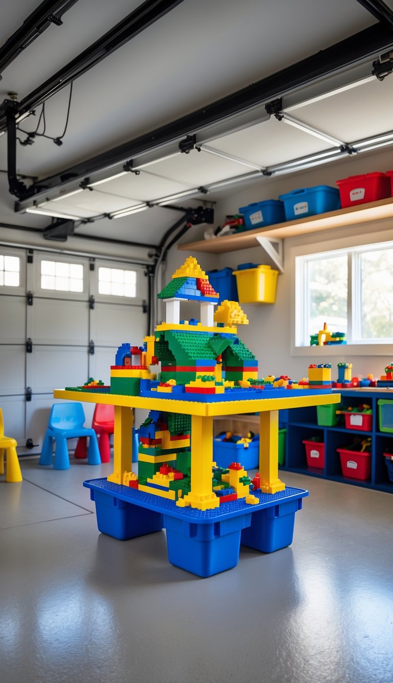 A brightly lit garage area with a LEGO building table filled with colorful bricks and child-sized chairs around it.